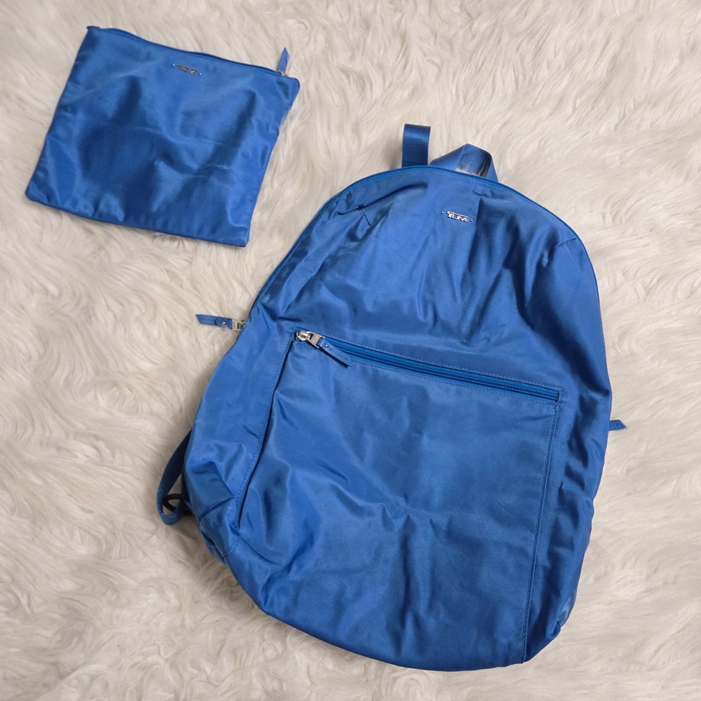 Tumi Voyageur Just In Case Foldable Backpack Blue Nylon Travel Bag with Pouch